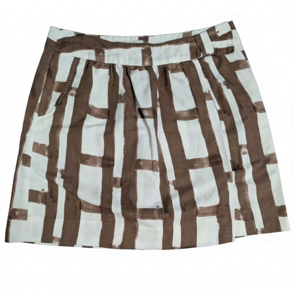 NWOT Abstract Linen Cotton A-Line Skirt Brown White Short Button Sz 8